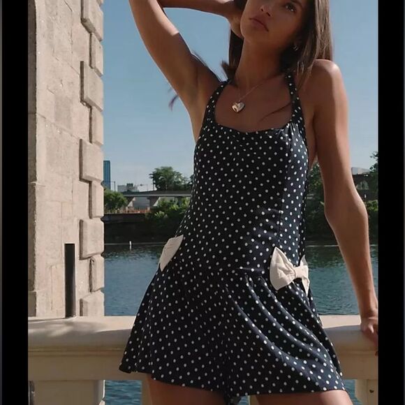 Free People High Strung Romper-Navy Polka Dot - Picture 1 of 9